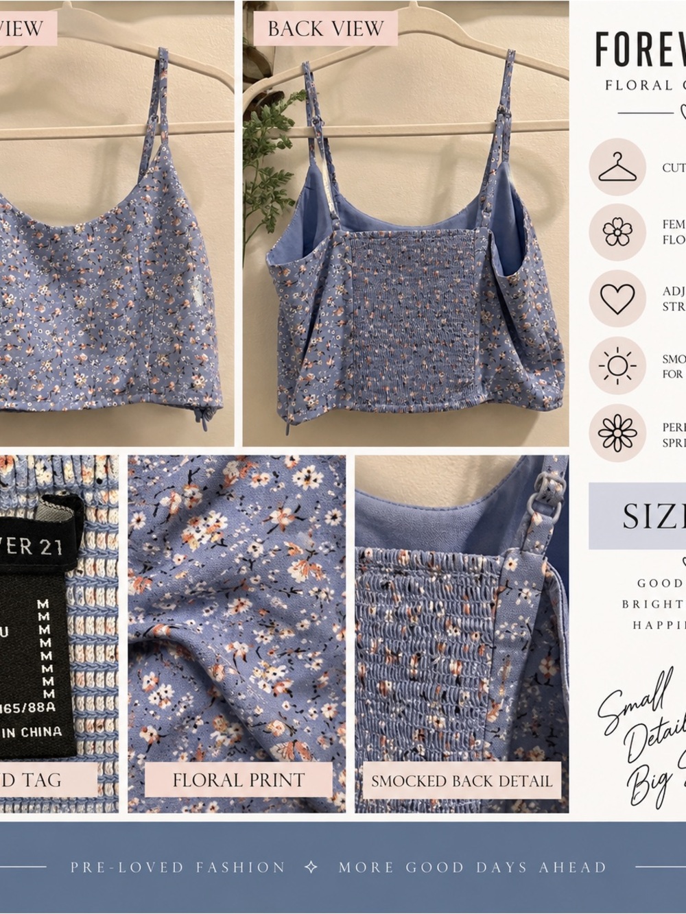 Forever 21 Blue Lavender Floral Smocked Cami Crop Top